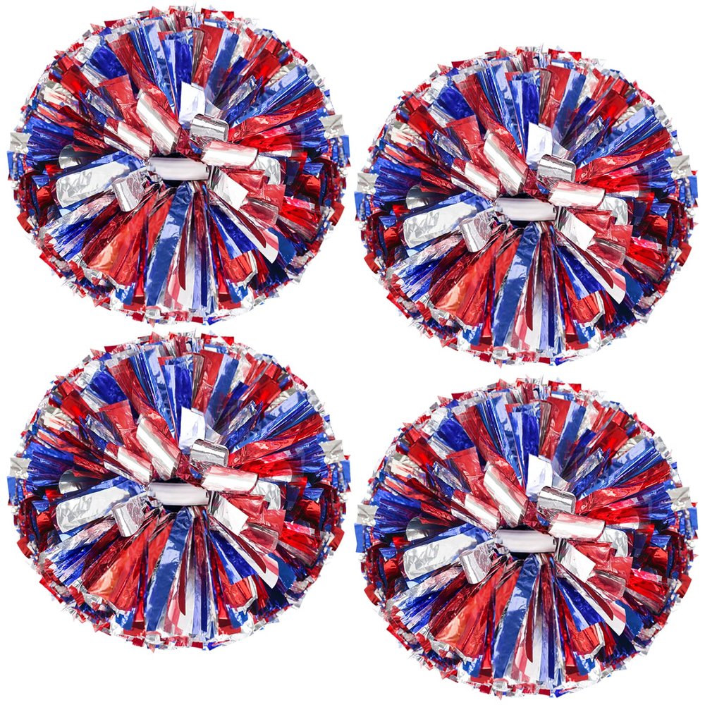 4Pcs Upgraded 12inch Metallic Cheerleading Pom Poms, HOLENGS Cheerleader Pompoms Cheer Poms for Kids Adults, Cheering Squad Pompoms for School Sports Games Dance Party (Blue and Red and Sliver)