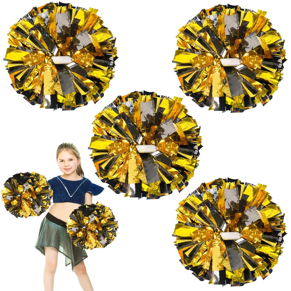 4Pcs Upgraded 12inch Metallic Cheerleading Pom Poms, HOLENGS Cheerleader Pompoms Cheer Poms for Kids Adults, Cheering Squad Pompoms for School Sports Games Dance Party (Black and Gold)