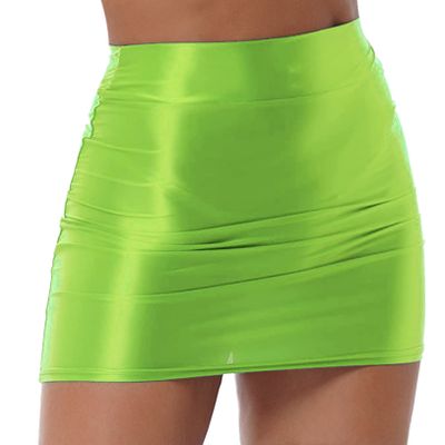Freebily Women's Glossy Shiny Pencil Skirts High Waist Semi See Through Sheer Bodycon Miniskirts Fluorescent Green Medium