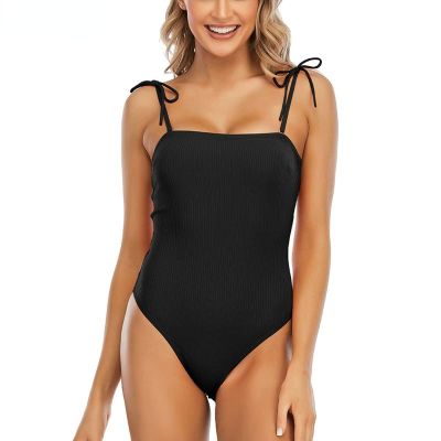 Tie Shoulder One Piece Swimsuit Ribbed Swimwear Women Backless Bodysuit Solid Women's Bathing Suits (Black,L)