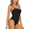 Tie Shoulder One Piece Swimsuit Ribbed Swimwear Women Backless Bodysuit Solid Women's Bathing Suits (Black,L) view 2