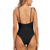 Tie Shoulder One Piece Swimsuit Ribbed Swimwear Women Backless Bodysuit Solid Women's Bathing Suits (Black,L) view 3