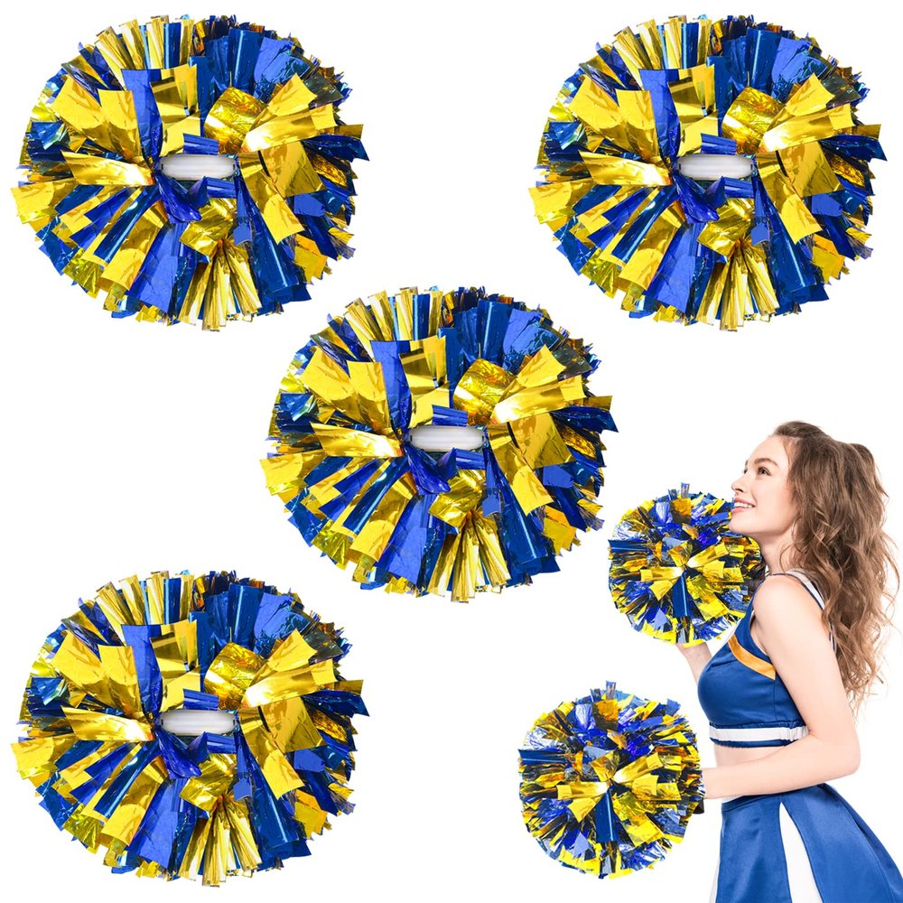 HOLENGS 4Pcs Upgraded 12inch Metallic Cheerleading Pom Poms, Cheerleader Pompoms Cheer Poms for Kids Adults, Cheering Squad Pompoms for School Sports Games Dance Party (Blue and Gold)