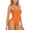 Tie Shoulder One Piece Swimsuit Ribbed Swimwear Women Backless Bodysuit Solid Women's Bathing Suits (Orange,S) view 2
