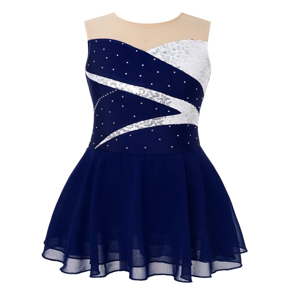 Jhaoyu Girls Figure Skating Dress Sleeveless Sequin Mesh Spliced Ballet Dance Stage Performance Competition Costume Dark Blue 12 Years