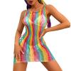 Rainbow Fishnet Rave Outfits for Women Festival Sexy Lingerie Stripper Outfits Exotic Sets 70s 80s Party See Thru Bodysuit Swimsuits Rainbow Sleeveless view 1