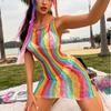 Rainbow Fishnet Rave Outfits for Women Festival Sexy Lingerie Stripper Outfits Exotic Sets 70s 80s Party See Thru Bodysuit Swimsuits Rainbow Sleeveless view 2