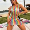 Rainbow Fishnet Rave Outfits for Women Festival Sexy Lingerie Stripper Outfits Exotic Sets 70s 80s Party See Thru Bodysuit Swimsuits Rainbow Sleeveless view 3