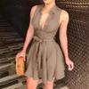 BORAMAX Womens Summer Bodycon Denim Sleeveless Short Dress Party Evening Mini Dresses Belted Flared Knee Shirt view 2