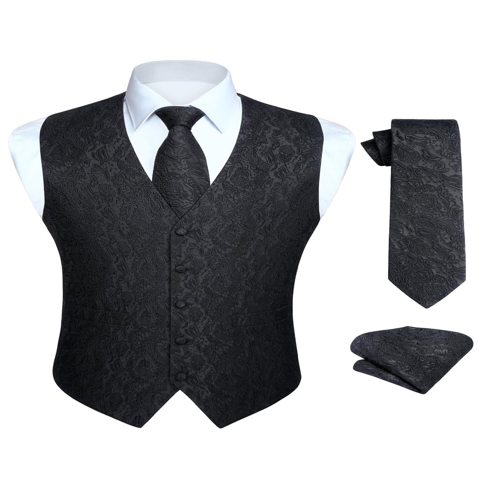 HISDERN Black Paisley Suit Vest 3PC Floral Jacquard Mens Vests and Tie Pocket Square Set Formal Business Tuxedo Waistcoat for Wedding Party