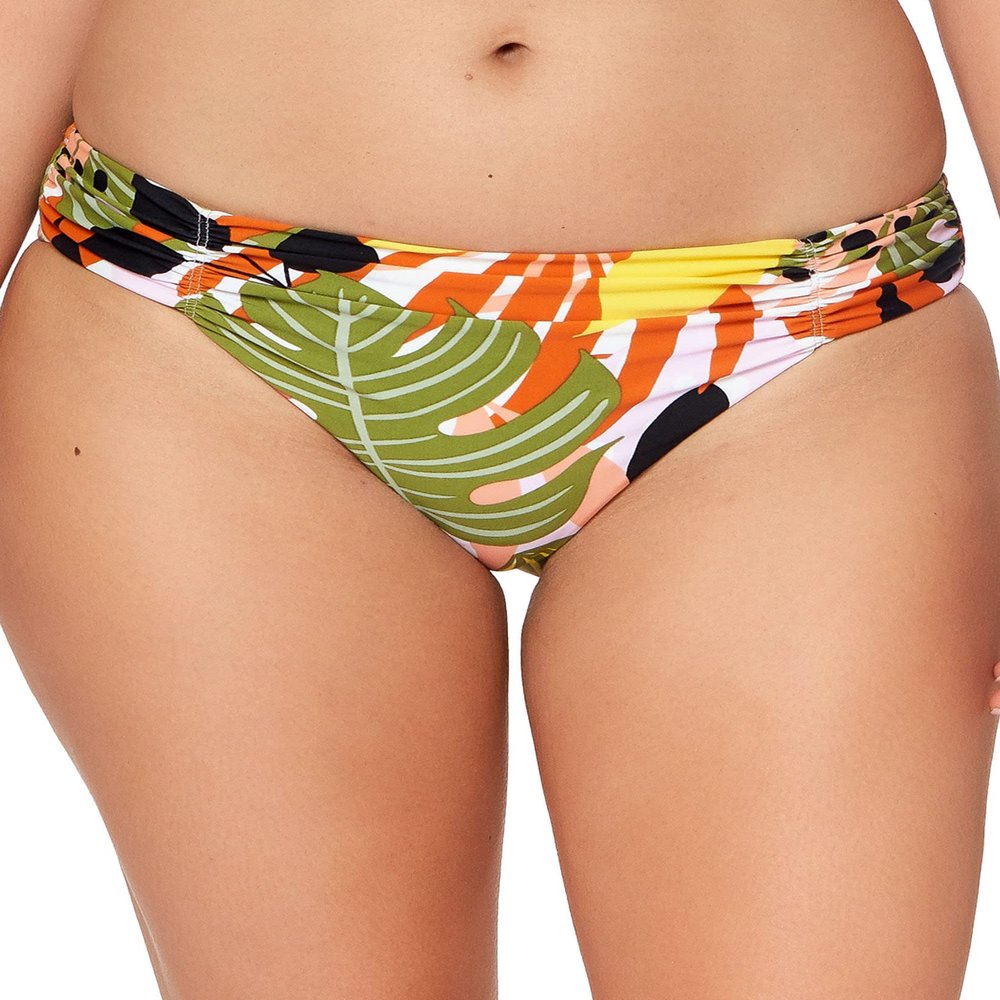 Bar III Womens Swim Tropical-Print Ruched Bikini Bottom Pink XL