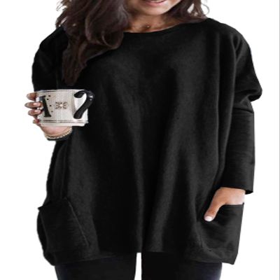 Eytino Womens Plus Size Tops Casual Long Sleeve Crew Neck Oversized T Shirts with Pockets Solid Color Loose Tunics,5X Black
