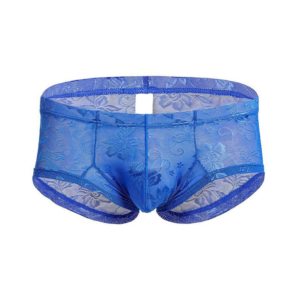 Men's Lace Transparent Thong Underwear Low Rise Lightweight Print Boxer Brief Sport Workout Breathable Swimwear Trunk (Blue,X-Large)