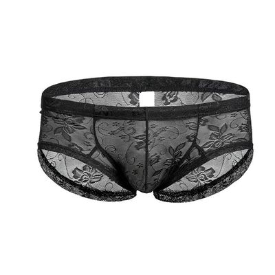 Men's Lace Transparent Thong Underwear Low Rise Lightweight Print Boxer Brief Sport Workout Breathable Swimwear Trunk (Black,Medium)