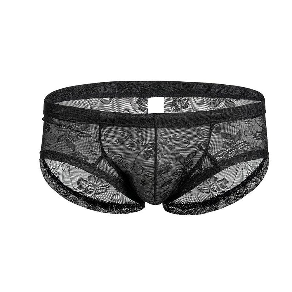 Men's Lace Transparent Thong Underwear Low Rise Lightweight Print Boxer Brief Sport Workout Breathable Swimwear Trunk (Black,Medium)