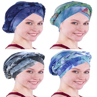 Awlsyj Chemo Cancer Head Hat Cap Ethnic Bohemia Pre-Tied Twisted Braid Hair Cover Wrap Turban Headwear(4 Pack Tie Dye Black Grey Royal Blue Blue Green)