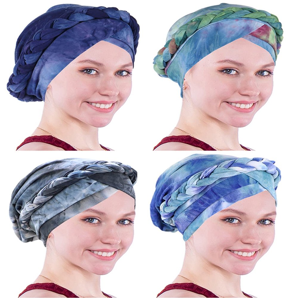 Awlsyj Chemo Cancer Head Hat Cap Ethnic Bohemia Pre-Tied Twisted Braid Hair Cover Wrap Turban Headwear(4 Pack Tie Dye Black Grey Royal Blue Blue Green)