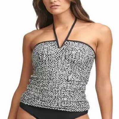 Calvin Klein Women's Black Printed V-Wire Removable Cups Stretch UV Protection Tie Halter Tankini Swimsuit Top XS