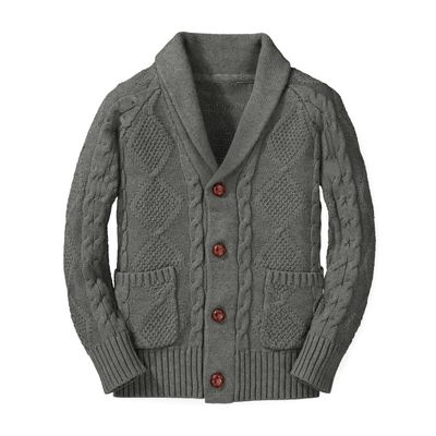 Boy's Sweater Cardigan Button Down Shawl Collar Cable Knitted Outwear Sweater Coats with Pockets Dark Grey
