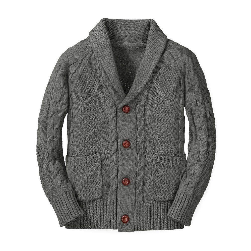 Boy's Sweater Cardigan Button Down Shawl Collar Cable Knitted Outwear Sweater Coats with Pockets Dark Grey