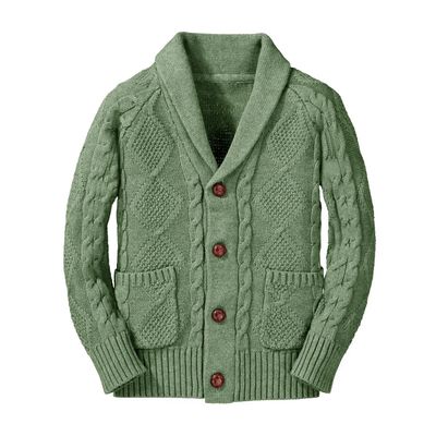 Boy's Sweater Cardigan Button Down Shawl Collar Cable Knitted Outwear Sweater Coats with Pockets Army Green