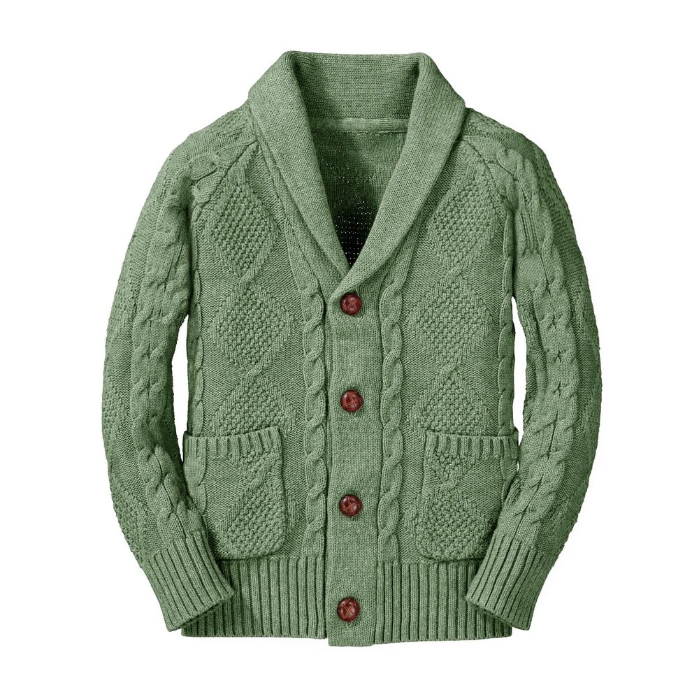 Boy's Sweater Cardigan Button Down Shawl Collar Cable Knitted Outwear Sweater Coats with Pockets Army Green