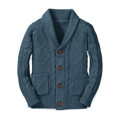 Boy's Sweater Cardigan Button Down Shawl Collar Cable Knitted Outwear Sweater Coats with Pockets Navy