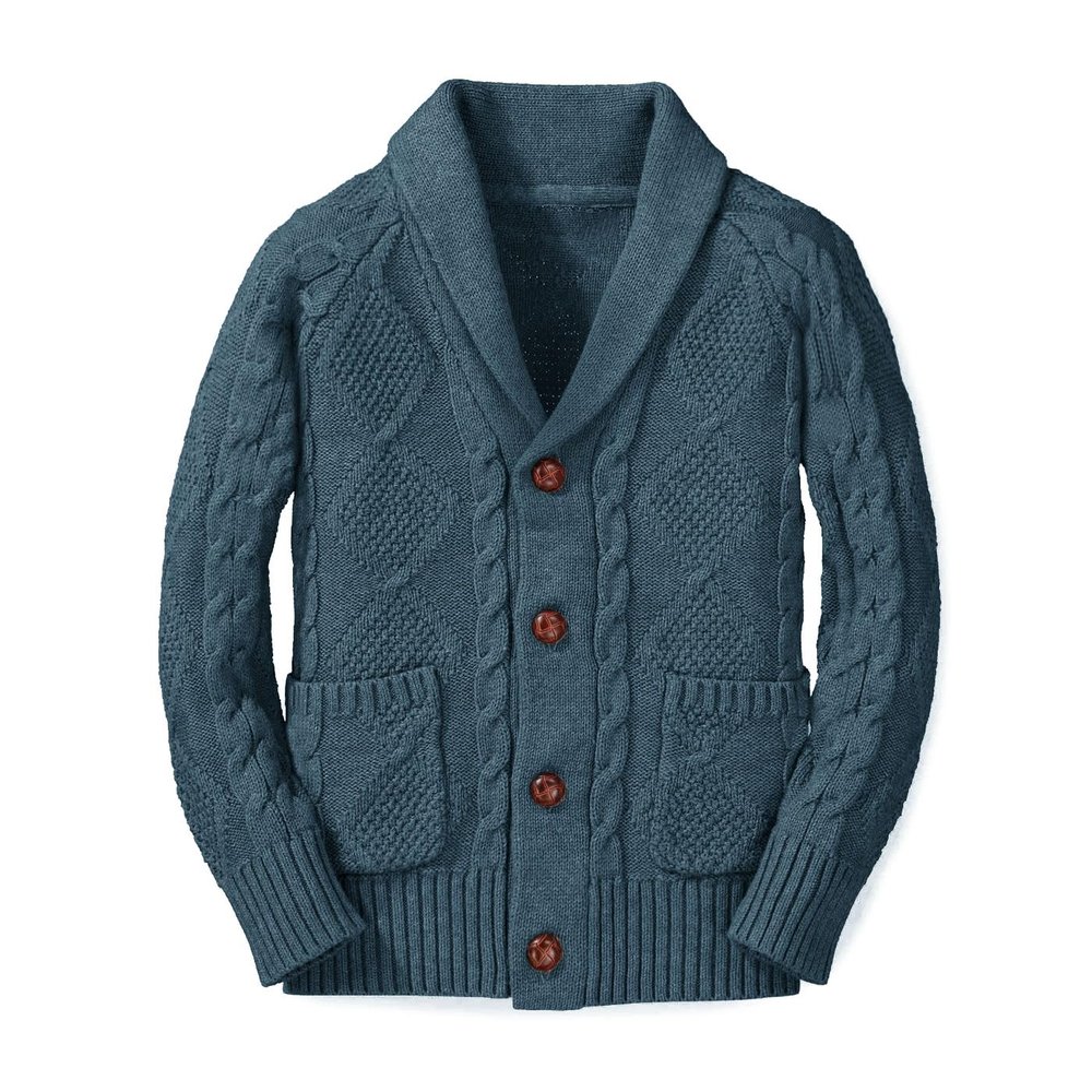 Boy's Sweater Cardigan Button Down Shawl Collar Cable Knitted Outwear Sweater Coats with Pockets Navy