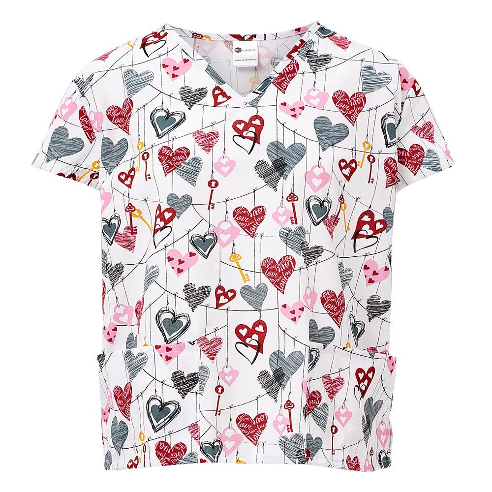 24/7 Comfort V-Neck Scrub Top with Pockets, Key to Heart White, Medium