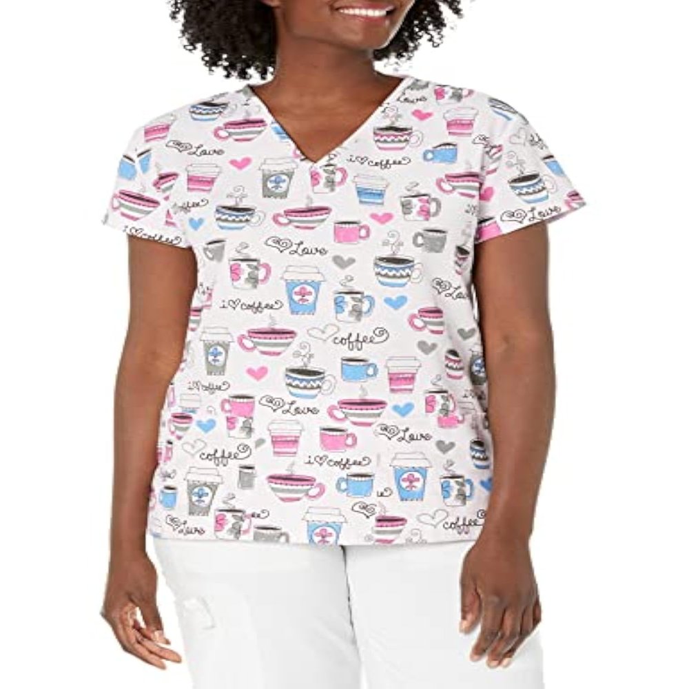 24/7 Comfort V-Neck Scrub Top with Pockets, I Love Coffee Pink, Medium