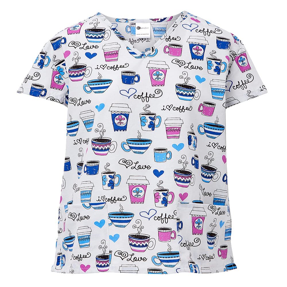 24/7 Comfort V-Neck Scrub Top with Pockets, I Love Coffee Light Gray, Medium