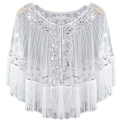 JOIZPAPA Fringed Bridal Evening Cape Beaded Sequin Deco 1920s Wraps Shawl Capelet Bolero Flapper Cover Up