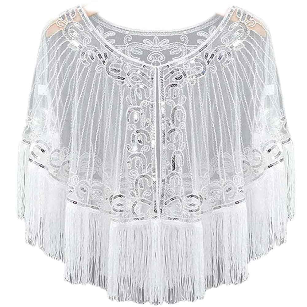 JOIZPAPA Fringed Bridal Evening Cape Beaded Sequin Deco 1920s Wraps Shawl Capelet Bolero Flapper Cover Up