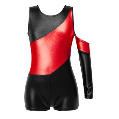 Jugaoge Kid Girl Gymnastics Leotards Dancewear Sleeveless Sparkle Athletic Ballet Dance Leotard Shiny Metallic Unitard Red&Black 6 Years