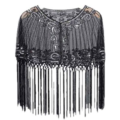 JOIZPAPA Fringed Bridal Evening Cape Beaded Sequin Deco 1920s Wraps Shawl Capelet Bolero Flapper Cover Up