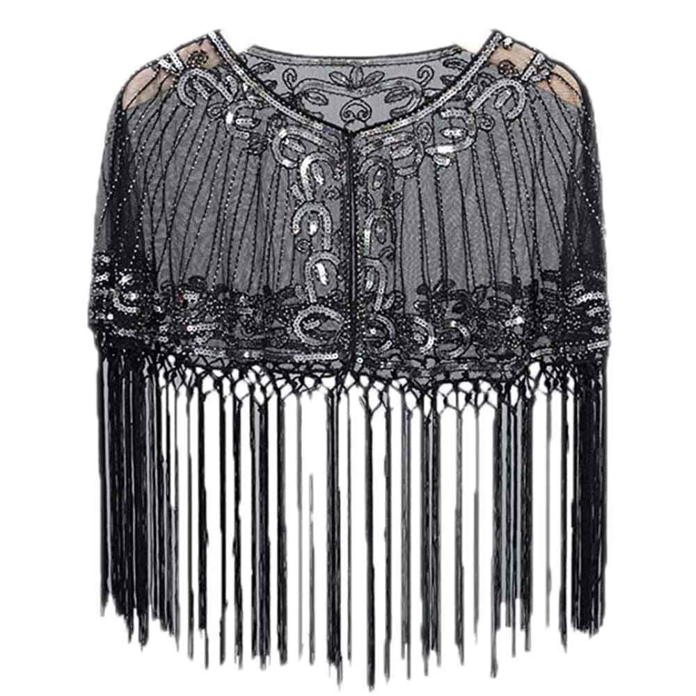JOIZPAPA Fringed Bridal Evening Cape Beaded Sequin Deco 1920s Wraps Shawl Capelet Bolero Flapper Cover Up