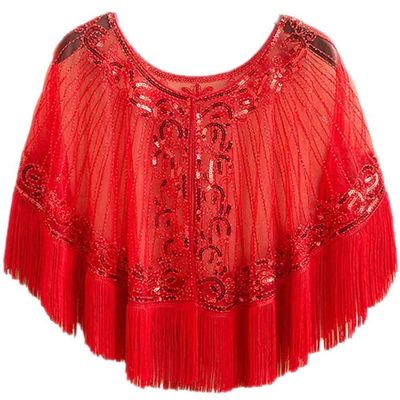 JOIZPAPA Fringed Bridal Evening Cape Beaded Sequin Deco 1920s Wraps Shawl Capelet Bolero Flapper Cover Up