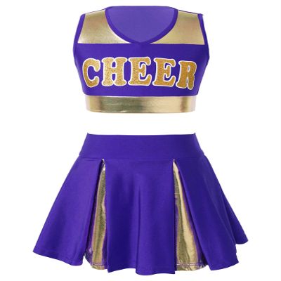 Jizyo Girls Cheer Leader Costume Crop Top and Pleated Skirt Schoolgirl Cheerleading Dance Dress Halloween Party Fancy Outfits Purple 14 Years