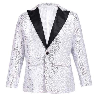 Loloda Kids Boys Shiny Sequins Tuxedo Suit Jacket Coat for Halloween Party Festival Dance Stage Performance Silver 14 Years