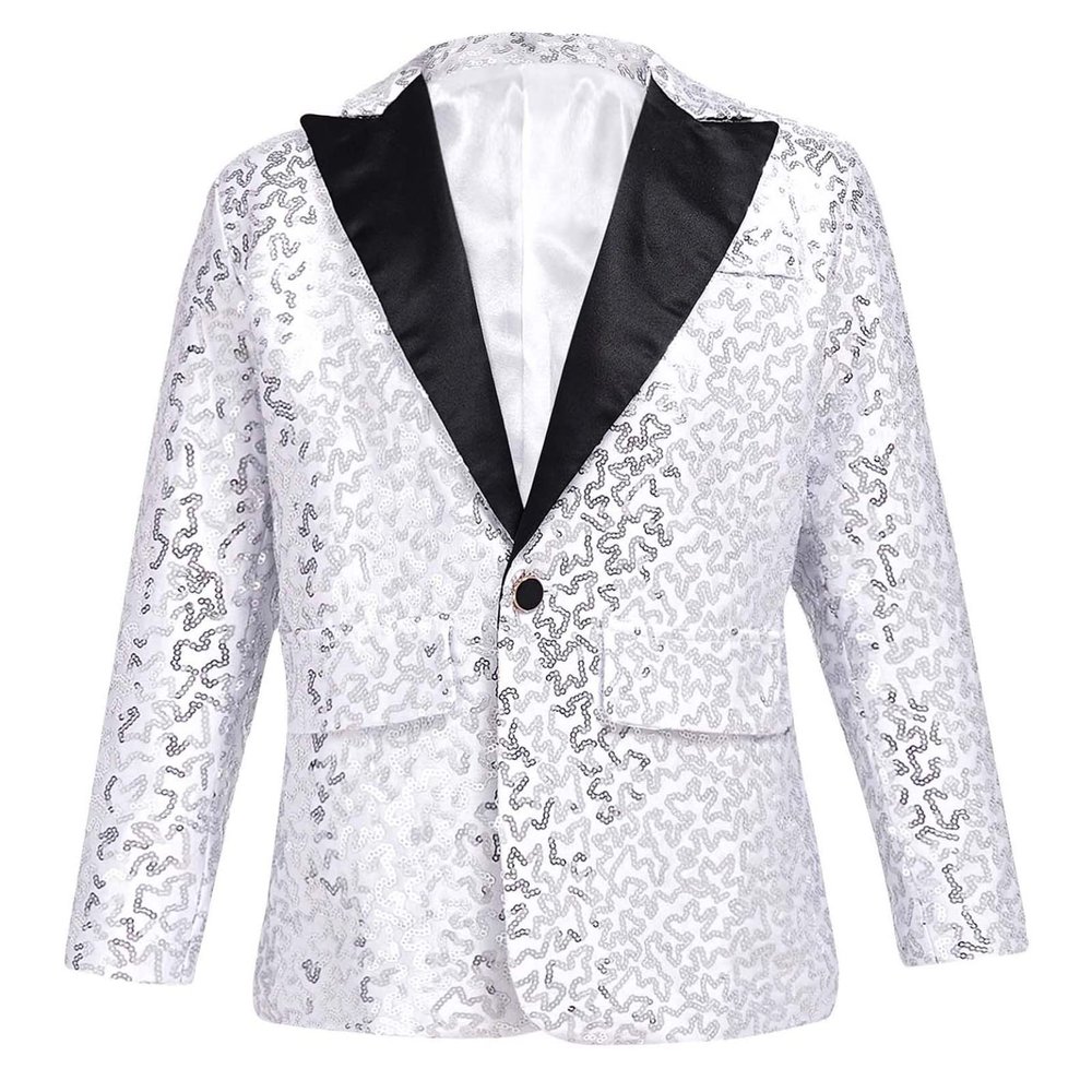 Loloda Kids Boys Shiny Sequins Tuxedo Suit Jacket Coat for Halloween Party Festival Dance Stage Performance Silver 14 Years