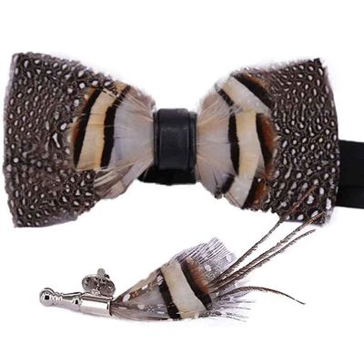 JOIZPAPA Men's Pre-Tied Bow Tie Handmade Feathers Bowtie and Brooch Set