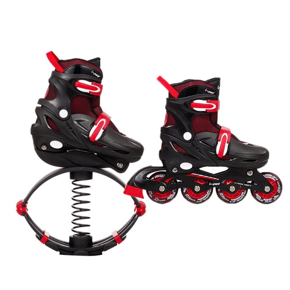Kangaroo Jumping Shoes, Kids Teen Fitness 2 in 1 Roller Skates Bouncing Shoes, 3 Sizes (Color : Black+red, Size : 35-38)