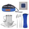 Stainless Steel Camping Cutlery Set, 8 Piece - Includes Spoons, Mugs, Bowls, Plates, Rags & Organizer Straps - Easy to Carry for Backpacking, Camping, Hiking and Picnics (Blue) view 1