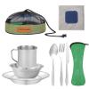 Camping Cutlery Set, 8 Piece Stainless Steel Cutlery Set Including Cutlery Spoons Mug Bowls & Plates Rags, Organizer Straps Easy to Carry for Backpacking, Camping, Hiking and Picnics (Green) view 1
