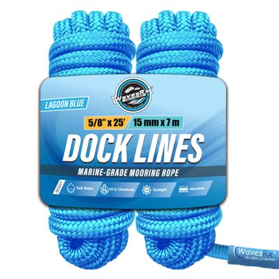 Premium Nylon Boat Dock Lines & Ropes for Docking & Pontoon | Double Braided Marine Rope | Boat Ropes for Docking with Loop | UV & Saltwater Resistant Dock Rope (Lagoon Blue, 5/8 x 25)