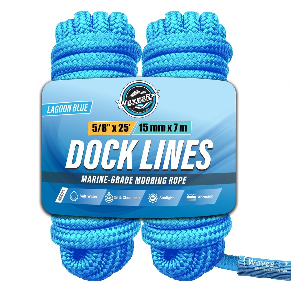 Premium Nylon Boat Dock Lines & Ropes for Docking & Pontoon | Double Braided Marine Rope | Boat Ropes for Docking with Loop | UV & Saltwater Resistant Dock Rope (Lagoon Blue, 5/8 x 25)