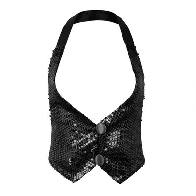 RUNQHUI Women's Shiny Sequins Halter Top Sleeveless Backless Vest Waistcoat Jazz Extreme Dancewear Black One_Size