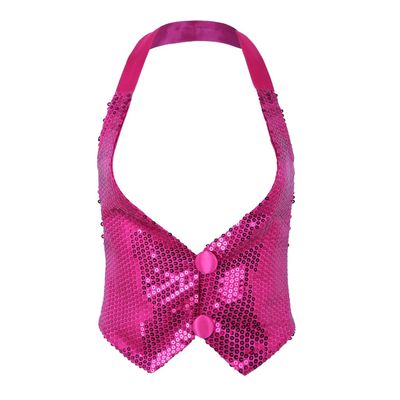 RUNQHUI Women's Shiny Sequins Halter Top Sleeveless Backless Vest Waistcoat Jazz Extreme Dancewear Rose One_Size