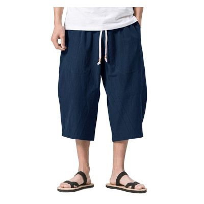 WENKOMG1 Cotton Linen Shorts for Men,Casual Loose Solid Japanese Trunks Adjustable Waist Calf Length Cropped Trousers,Hippie Style Daily Basic Beachwear Holiday Sports Bottoms(Navy,L)