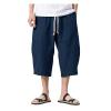 WENKOMG1 Cotton Linen Shorts for Men,Casual Loose Solid Japanese Trunks Adjustable Waist Calf Length Cropped Trousers,Hippie Style Daily Basic Beachwear Holiday Sports Bottoms(Navy,L) view 1